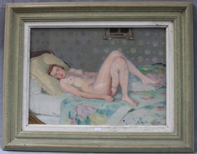 a painting of a nude woman laying on a bed