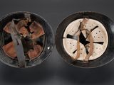 an image of a helmet with a broken vise and a broken helmet with a broken vise