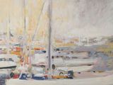 a painting of a boat in a harbor with other boats in the water