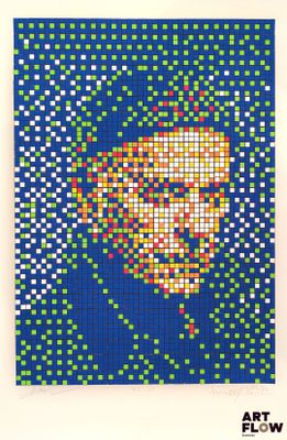 a cross stitch picture of a woman ' s face on a blue background