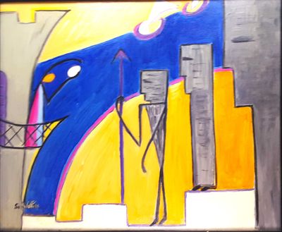 un tableau représentant un éléphant debout devant un bâtiment