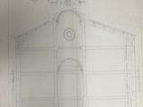 drawing of a building with a clock on the front of it