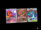 three different types of pokemon cards on a black background