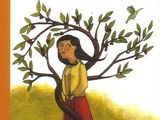 the cover of a children ' s book with an image of a girl standing in front of a tree