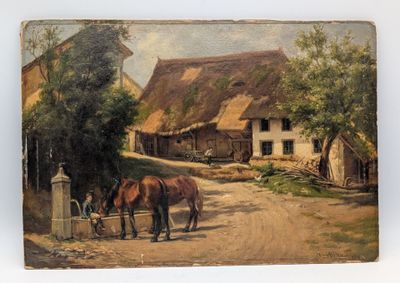 a painting of two horses standing in front of a house