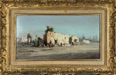une peinture à l'huile représentant une scène de désert avec des personnages et des animaux