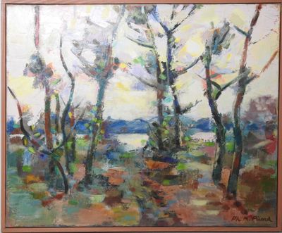 une peinture à l'huile représentant des arbres dans un champ, avec un lac en arrière-plan