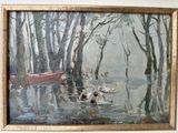 une peinture de canards nageant dans un étang avec un bateau en arrière-plan