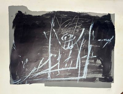 a black and white drawing on a piece of paper on the wall