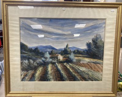 an image of a painting of a farm scene in a gold frame