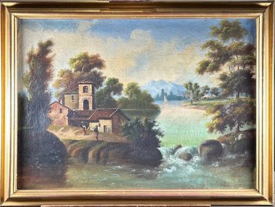 une peinture à l'huile représentant une scène fluviale avec une maison et une cascade