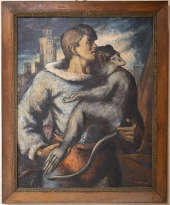 an oil painting of a man holding a monkey in his arms