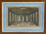 un tableau représentant une grande pièce où se déroule une partie d'échecs