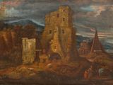 une vieille peinture représentant un château sur une colline, avec des personnes à l'extérieur
