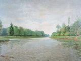 a painting of a body of water with trees in the background