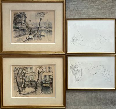 three framed drawings of a woman laying on a bench in front of a building