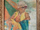 an oil painting of a child with a bucket on a wooden floor