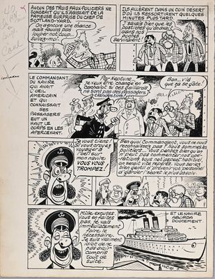 a black and white comic strip with an image of a man on a boat