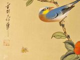 a painting of a bird sitting on a branch of a tree