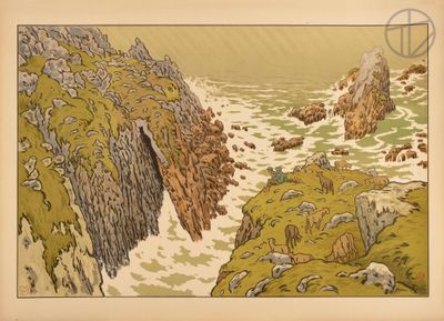 an image of a painting of rocks and water on the shore
