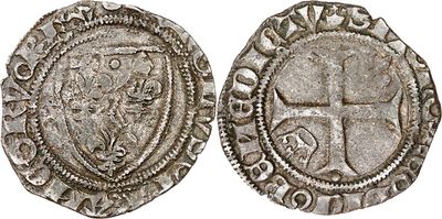a silver coin with a cross on the front and a shield on the back