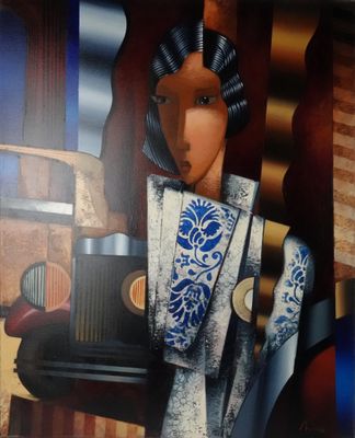 un tableau représentant une femme vêtue d'une robe bleue et blanche