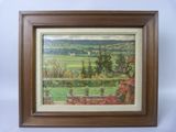 painting of a landscape with a bench in the foreground and trees in the background