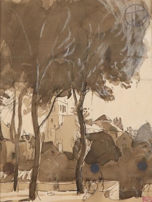 drawing of a park with trees and a bench in the foreground