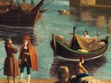 a painting of a group of people on a dock