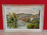 une peinture à l'huile représentant une scène fluviale avec un mur rouge en arrière-plan