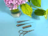 three pairs of scissors sitting next to a vase of flowers