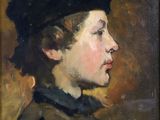 une peinture à l'huile représentant un jeune garçon coiffé d'un chapeau noir