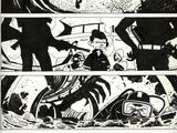 a black and white image of a comic strip with an image of a man riding a motorcycle