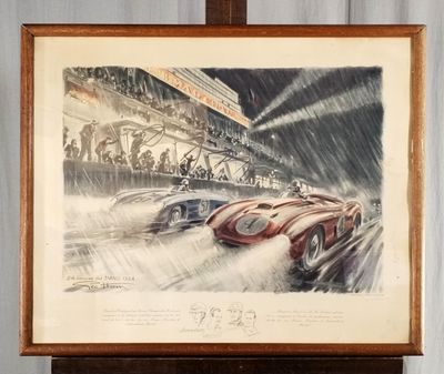 une image représentant un tableau où l'on voit deux voitures de course sous la pluie
