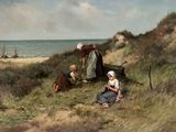 un tableau représentant une femme et deux enfants sur la plage