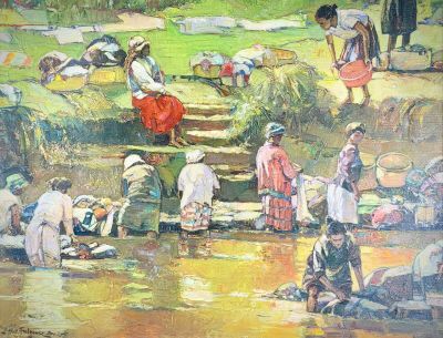 a painting of a group of people washing clothes in a river