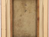 an old picture frame with a cross in it on a white background