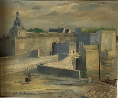 un tableau représentant un homme debout devant un bâtiment