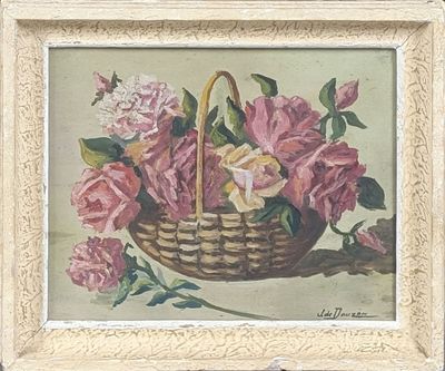 un tableau représentant des roses roses dans un panier posé sur une table