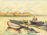 tableau représentant des bateaux sur les rives d'un lac, avec des montagnes en arrière-plan