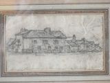 drawing of a house in a frame with a picture of a building