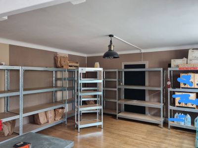 a room with a lot of shelvings and shelves