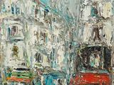 une peinture à l'huile représentant une rue de la ville avec des immeubles et un bus