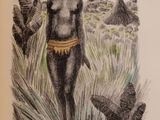a drawing of a man standing in a field with a bird