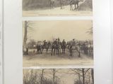 four pictures of horses and people on the road