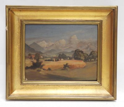 an oil painting of a landscape with mountains in the background