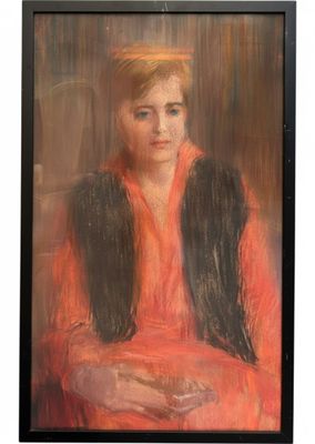 an oil painting of a woman in a red dress