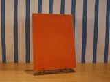 an orange book sitting on a wooden table next to a blue and white striped wall