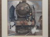 a painting of a train on the tracks with smoke coming out of it