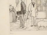 drawing of a man and a woman standing in front of a pig
